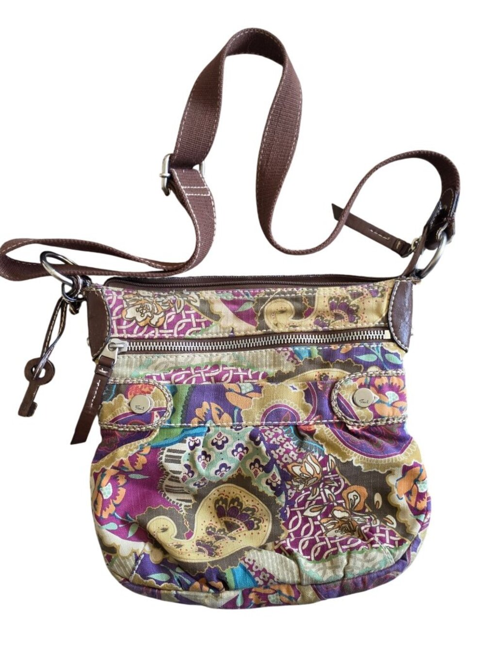 Fossil Key-Per Vintage Patchwork Square Crossbody Bag Canvas Wood Key ZB2945 - Picture 5 of 16